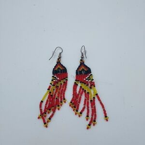 Native American Dangle Earrings Beaded Red Black Yellow and White